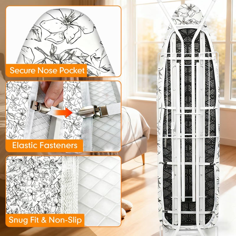 Dalykate Ironing Board Cover and Pad, 15x54 Standard Size Thick Iron Padding, Scorch & Stain Resistant Ironing board cover, Heavy Duty Iron Board Padded with Adjustable Fasteners Elastic Edge, Floral White - Image 5